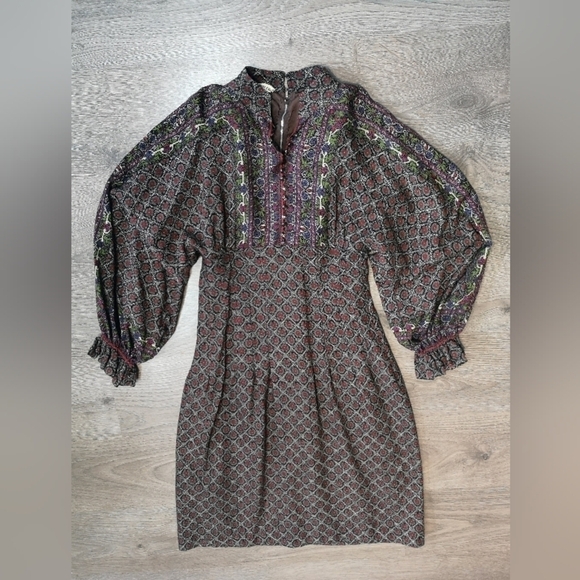 70s Batwing Vintage Paisley Geometric Impressionist Print Prairie Empire Dress - Picture 3 of 15